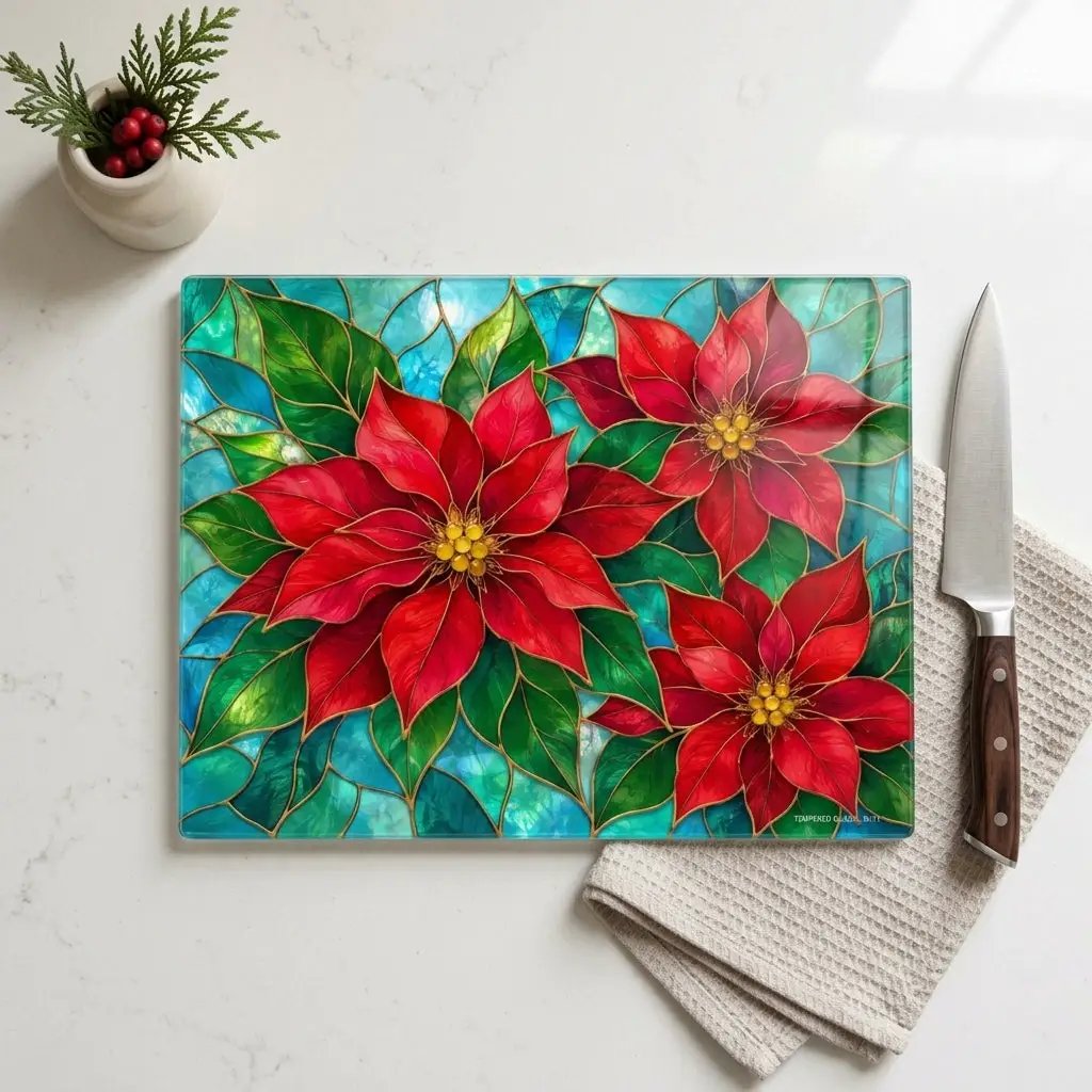 Christmas Poinsettia Glass Cutting Board, Red Floral Kitchen Decor, Tempered Chopping Board, Holiday Cooking Gift for Flower Lovers