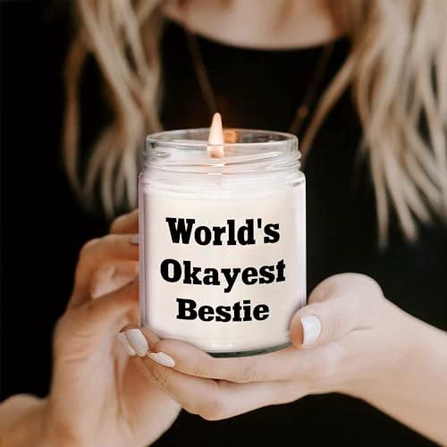 World's Okayest Bestie Funny Gifts for Her Valentine's Presents 9oz Vanilla Soy Candle for Bestie Lovers, A Sweet Okayish Gift from a Bestie, Lasting Vanilla Scent