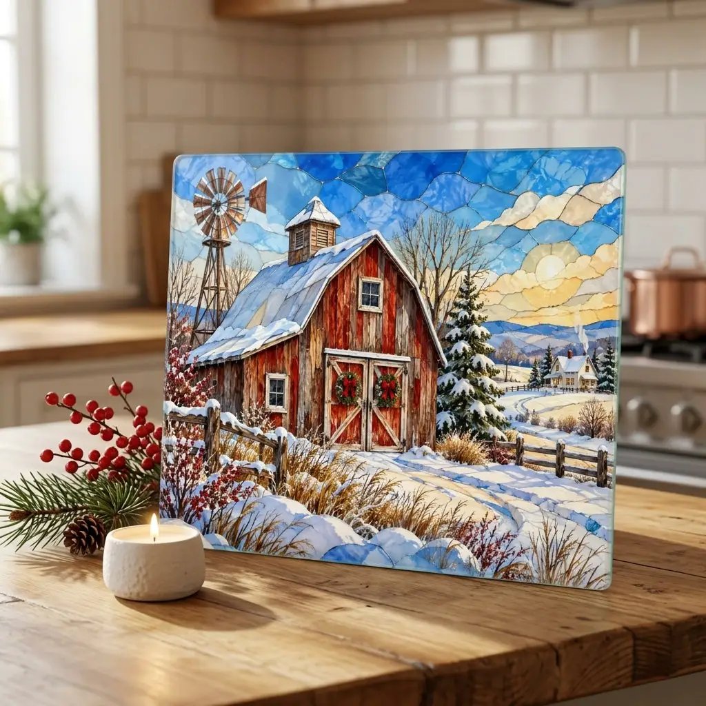 Winter Windmill Farm Glass Cutting Board, Red Barn Country Kitchen Decor, Rustic Farmhouse Christmas Gift