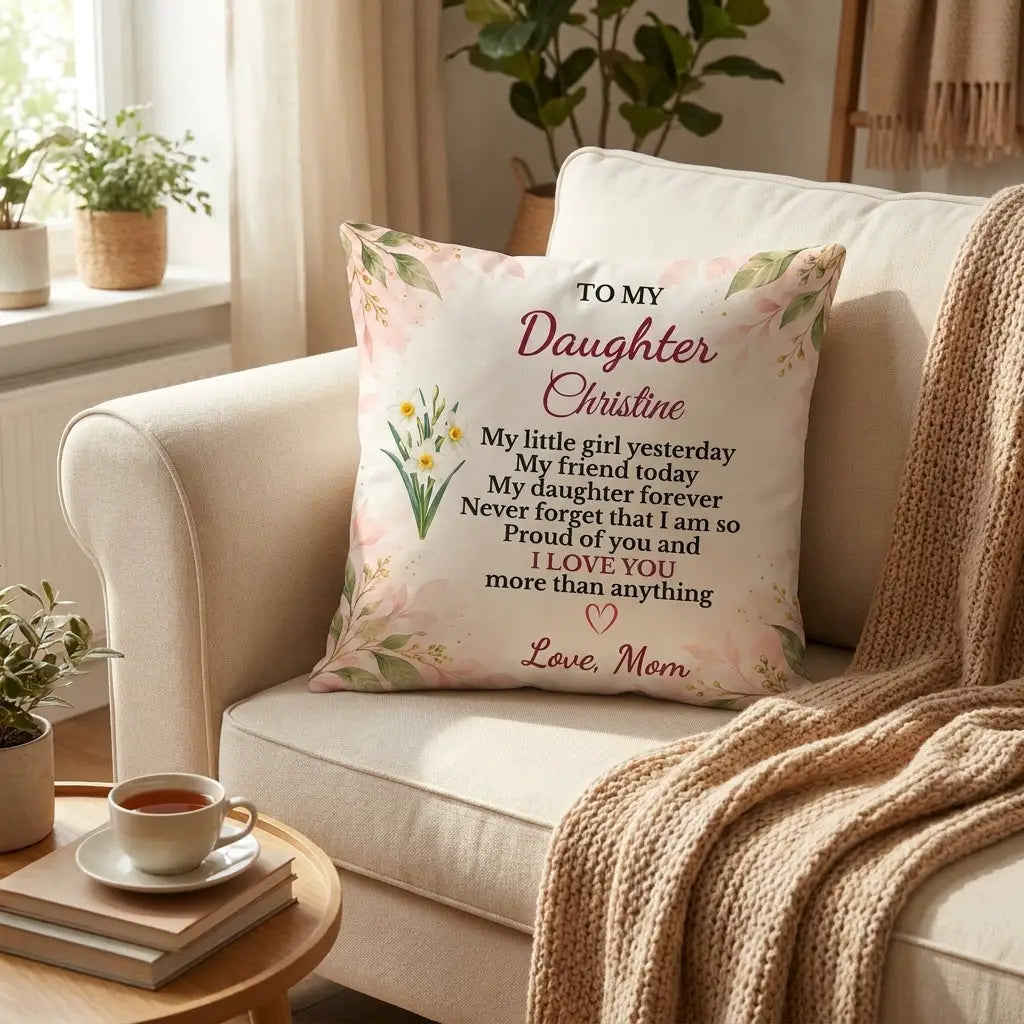 Daughter Personalized Birth Flower Pillow, Custom Name Gift from Mom, Sentimental Daughter Throw Pillow, Birthday Gift for Adult Daughter