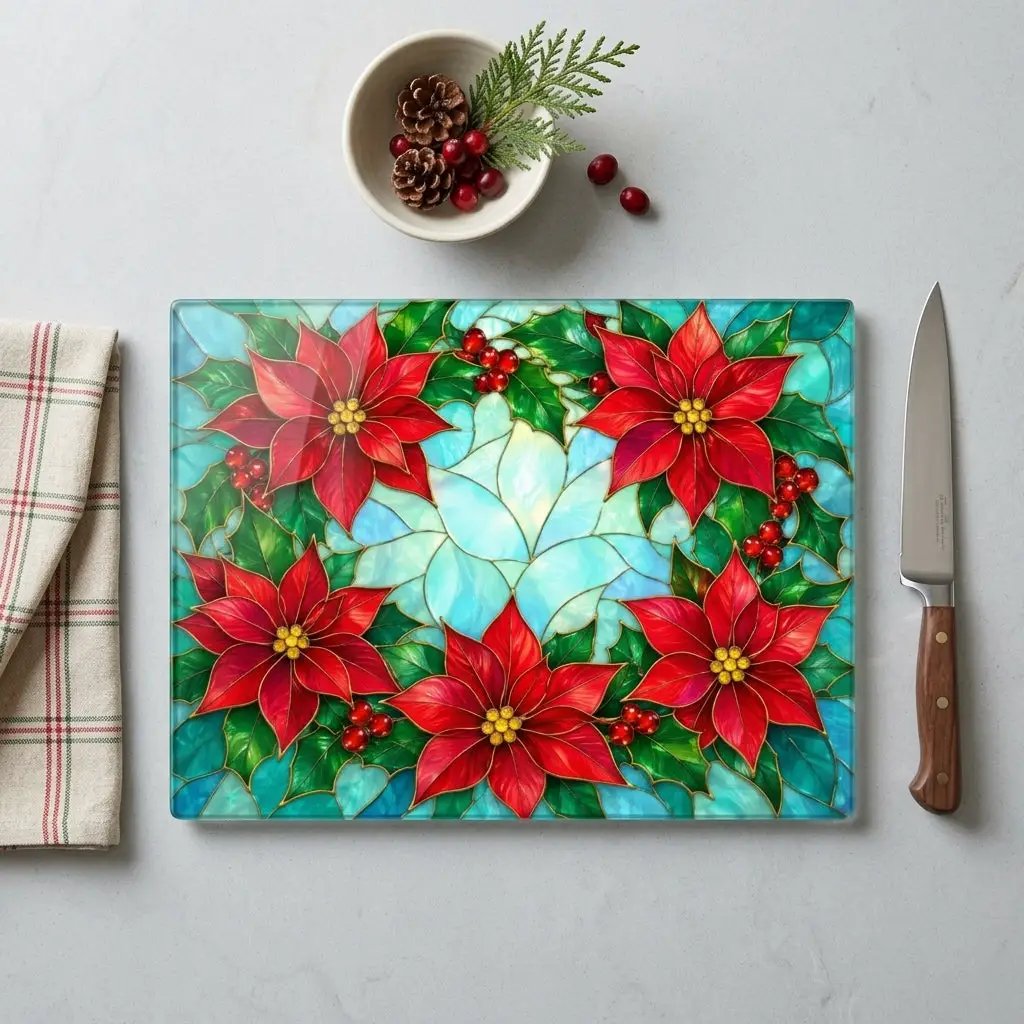 Poinsettia Glass Cutting Board, Christmas Kitchen Decor, Stained Glass Holiday Floral Chopping Board, Festive Hostess Gift for Home Cooks