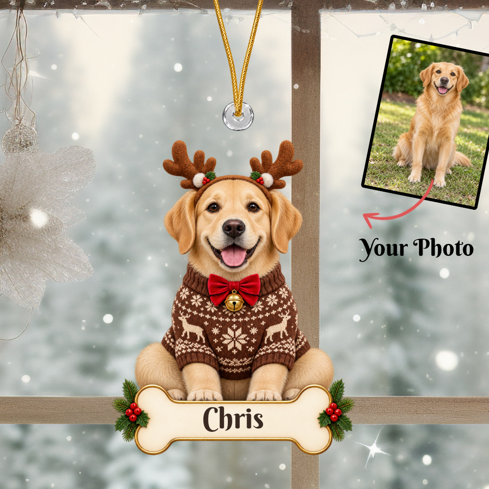 Personalized Reindeer Dog Christmas Ornament from Photo, Custom Pet Portrait Acrylic Cutout, Dog with Antlers Holiday Gift, Dog Lover Keepsake