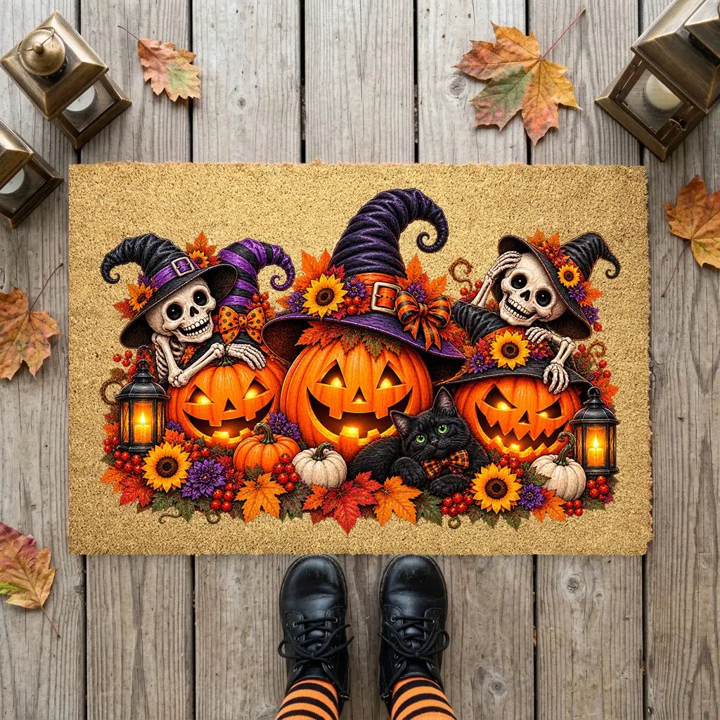 Halloween Skeleton Doormat, Jack O Lantern Coir Mat, Skeleton & Black Cat Welcome Mat, Spooky Fall Porch Decor, Halloween Door Mat