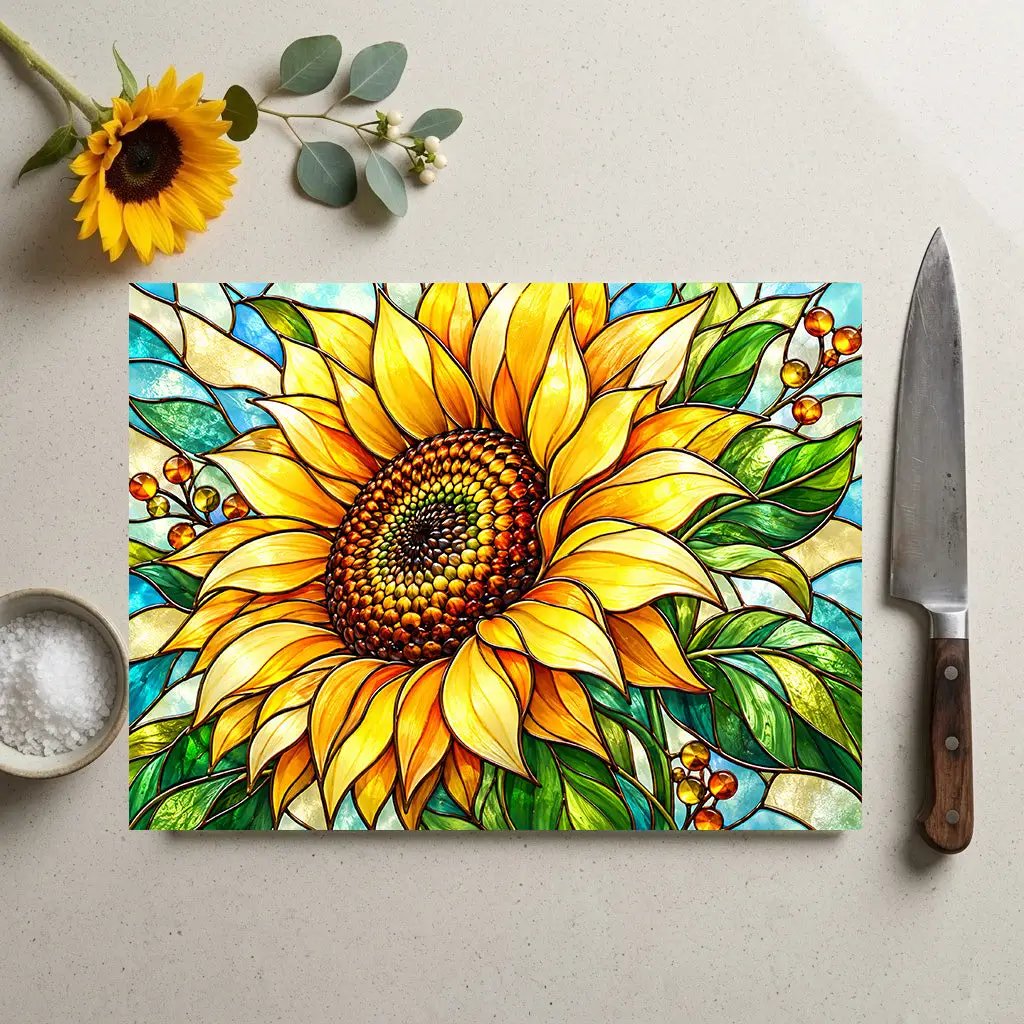 Sunflower Glass Cutting Board, Stained Glass Floral Kitchen Decor, Yellow Flower Chopping Board, Gift for Mom, Housewarming Gift