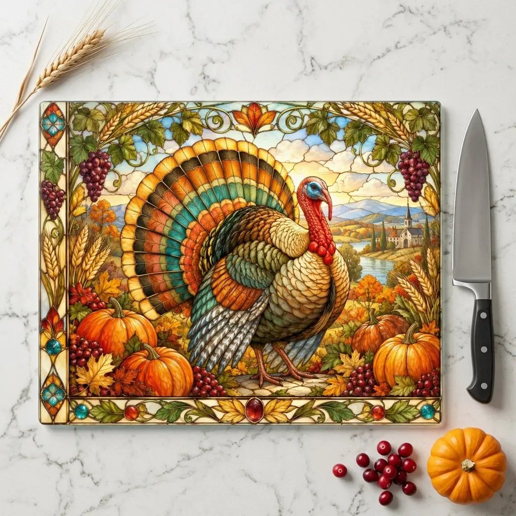 Thanksgiving Turkey Glass Cutting Board, Stained Glass Harvest Kitchen Decor, Fall Turkey Chopping Board, Country Thanksgiving Gift