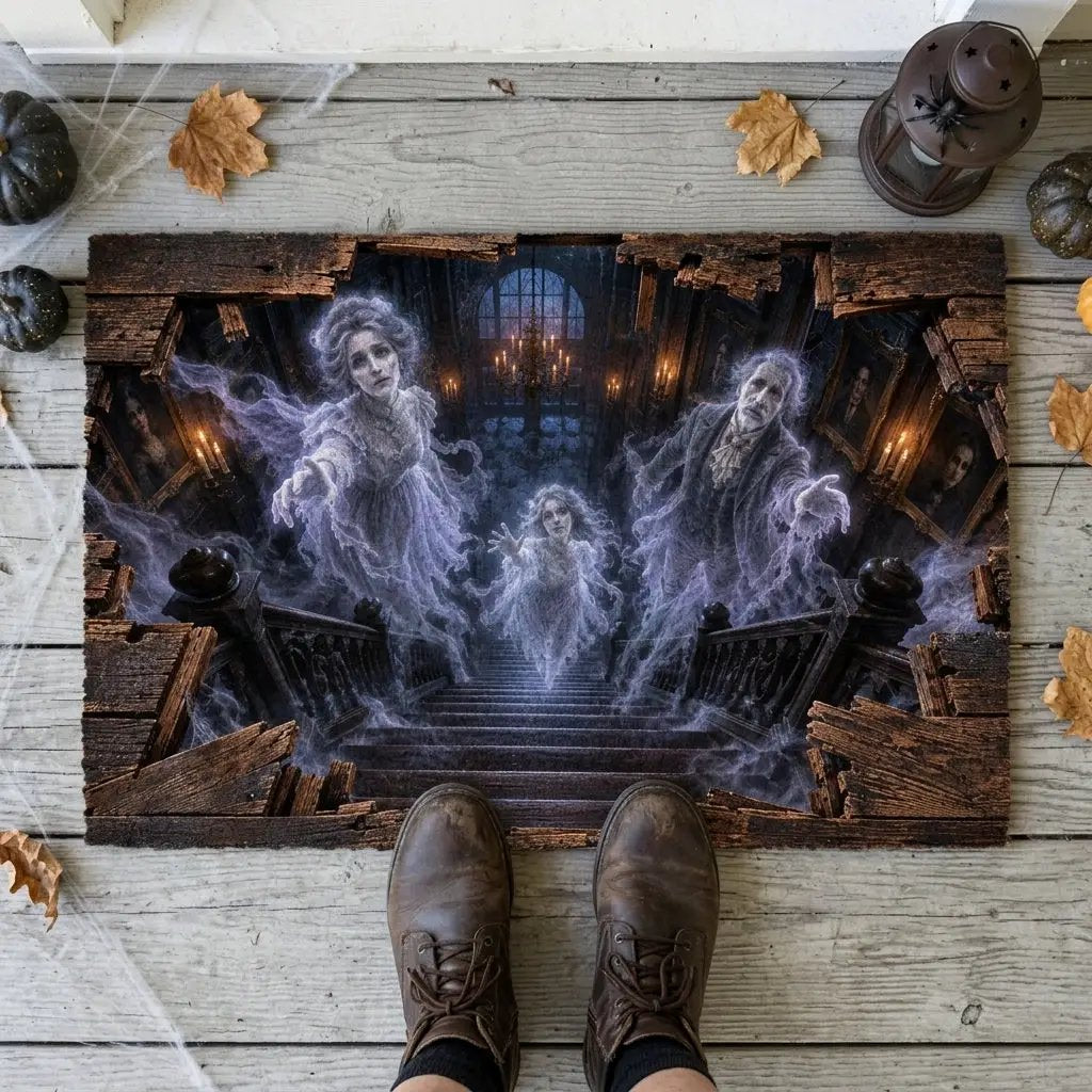 Victorian Ghost 3D Optical Illusion Doormat, Haunted Staircase Floor Mat, Gothic Haunted House Door Mat, Halloween Decor