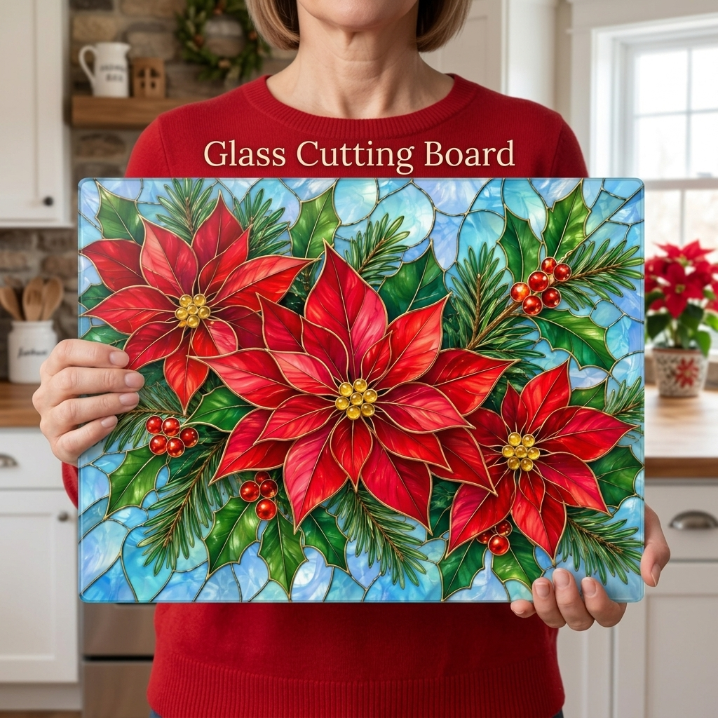 Christmas Poinsettia Glass Cutting Board, Evergreen Holiday Kitchen Decor, Red Floral Serving Board, Festive Winter Cooking Gift Idea