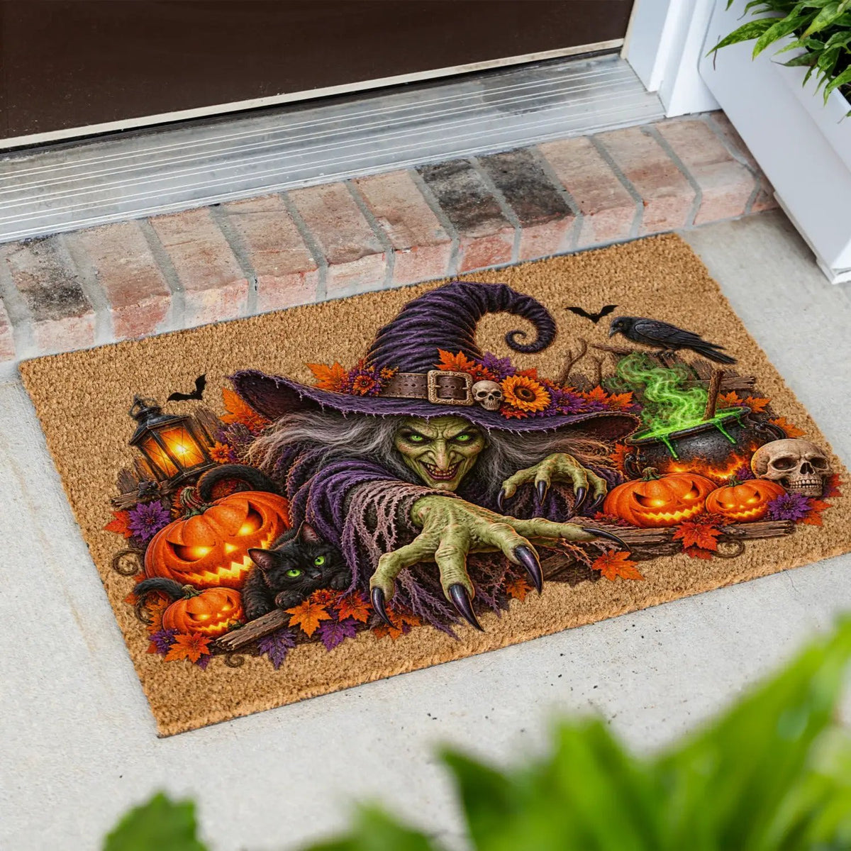 Horror Witch Doormat, Scary Halloween Coir Mat, Creepy Witch & Black Cat Welcome Mat, Pumpkin Porch Decor, Haunted House Door Mat