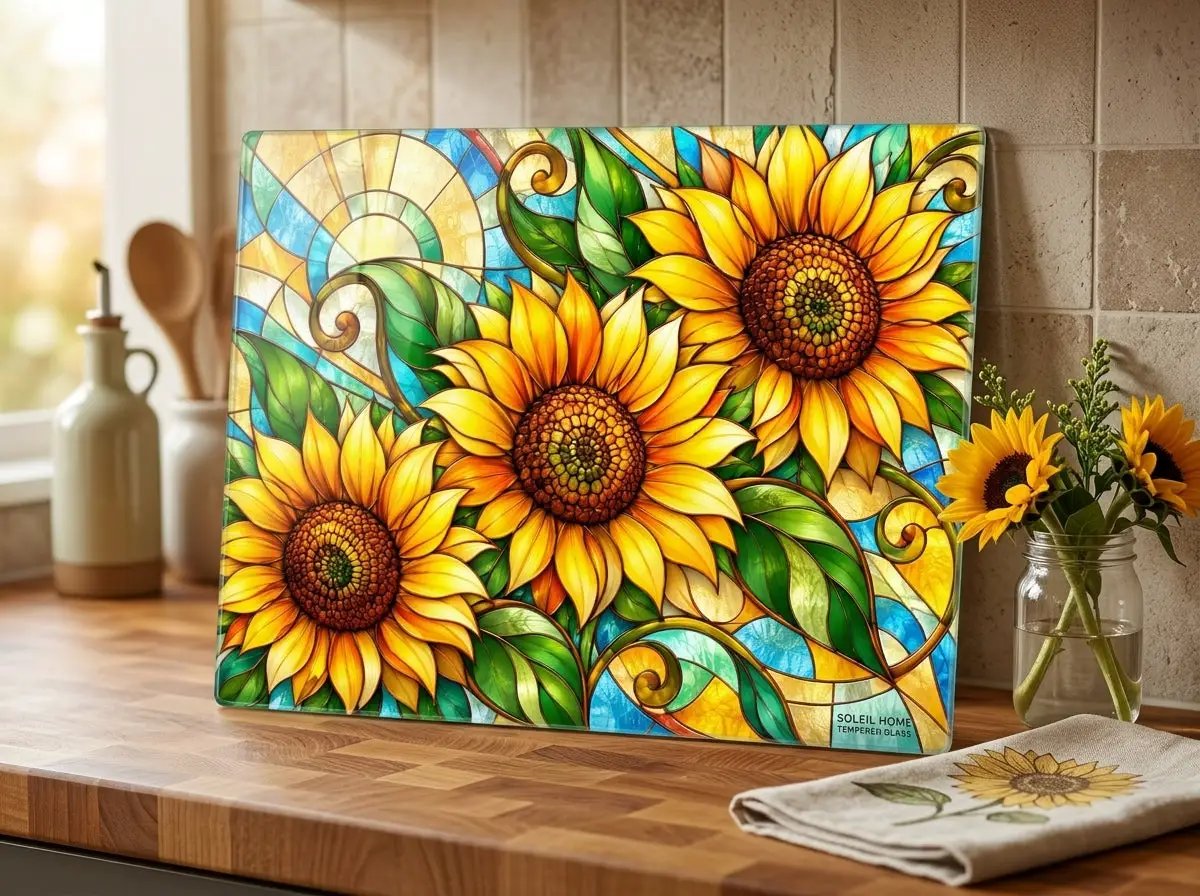Sunflower Glass Cutting Board, Farmhouse Kitchen Decor, Country Sunflower Chopping Board, Stained Glass Floral Gift, Housewarming Gift