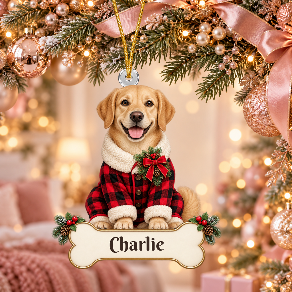 Personalized Dog Buffalo Plaid Pajamas Christmas Ornament from Photo, Custom Pet Portrait Acrylic Ornament, Rustic Holiday Dog Lover Gift