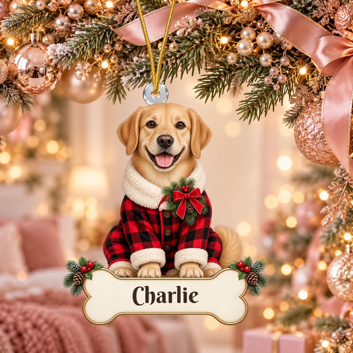 Personalized Dog Buffalo Plaid Pajamas Christmas Ornament from Photo, Custom Pet Portrait Acrylic Ornament, Rustic Holiday Dog Lover Gift