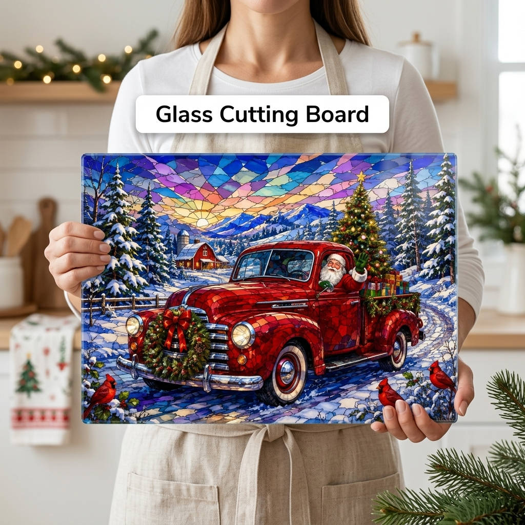 Santa Vintage Truck Glass Cutting Board, Christmas Farmhouse Kitchen Decor, Stained Glass Santa Claus, Red Pickup Holiday Gift