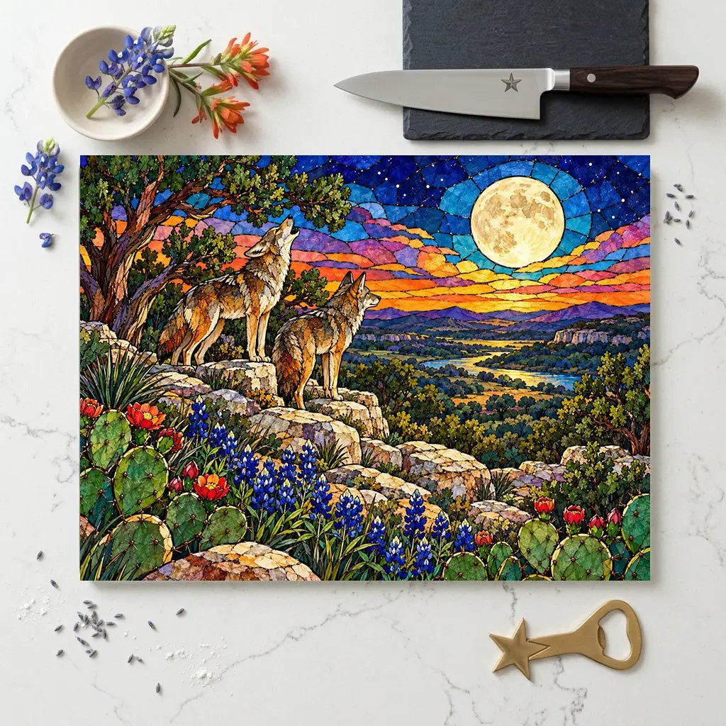 Texas Coyote Glass Cutting Board, Call of the Wild Moonlight Decor, Bluebonnet Kitchen Art, Western Wildlife Gift, Texas Kitchen Decor