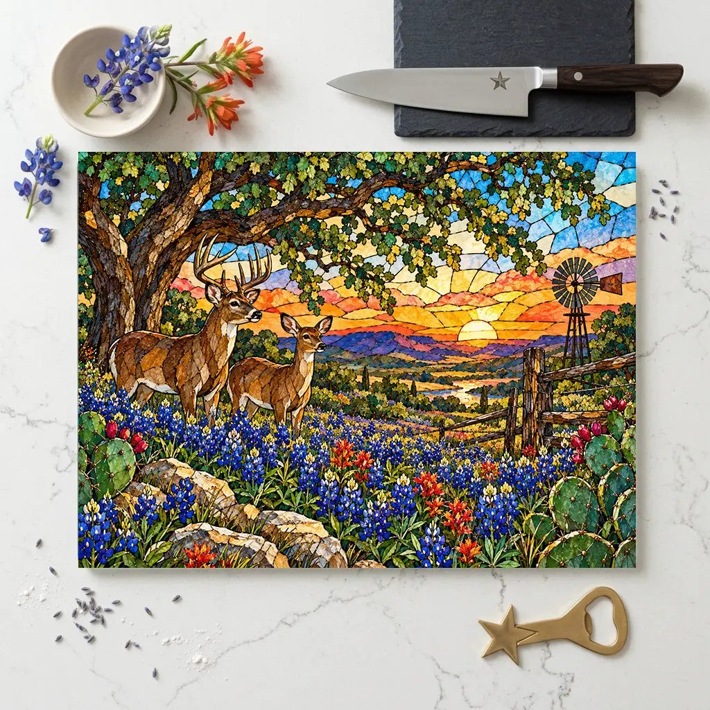 White Tailed Deer Glass Cutting Board, Texas Bluebonnet Kitchen Decor, Whitetail Buck Gift, Western Wildlife Art, Ranch House Decor