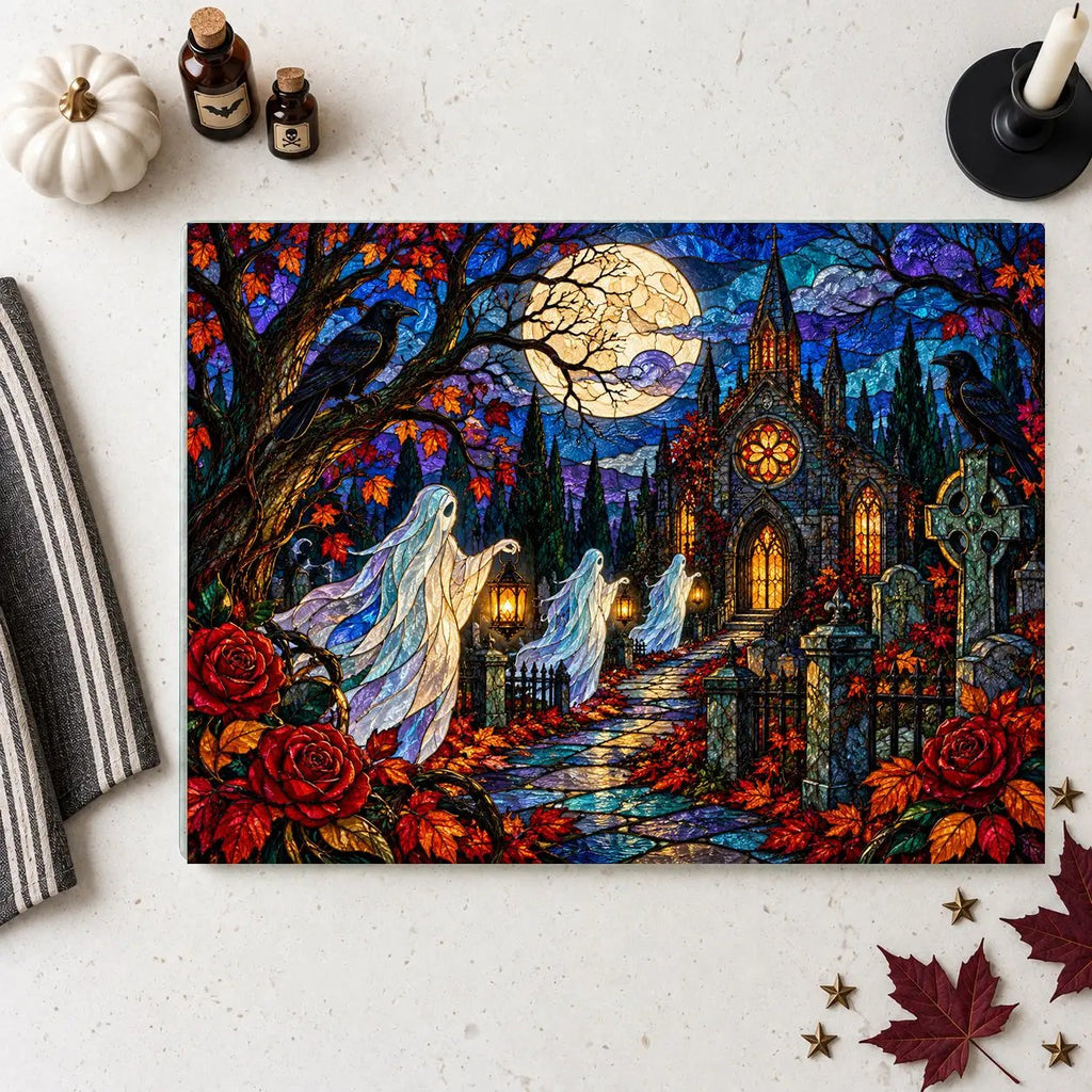 Halloween Ghost Personalized Glass Cutting Board, Haunted Graveyard Kitchen Decor