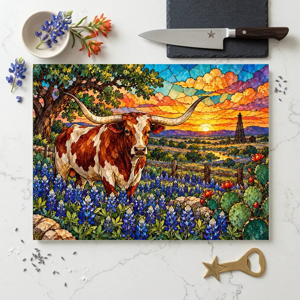 Texas Longhorn Glass Cutting Board, Bluebonnet Kitchen Decor, Texas Cow Gift, Western Kitchen Decor, Texas Housewarming Gift