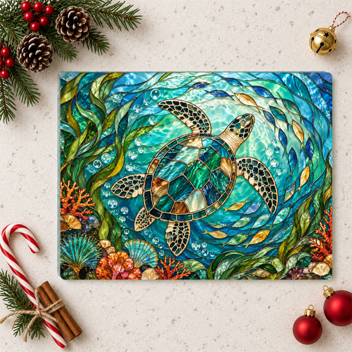 Sea Turtle Glass Cutting Board, Ocean Kitchen Decor, Coastal Serving Board, Underwater Sea Life Chopping Board, Beach House Gift Idea
