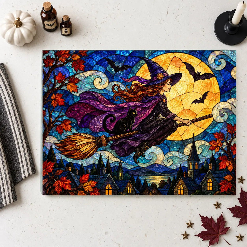 Halloween Flying Witch Personalized Glass Cutting Board, Spooky Pumpkin Kitchen Decor