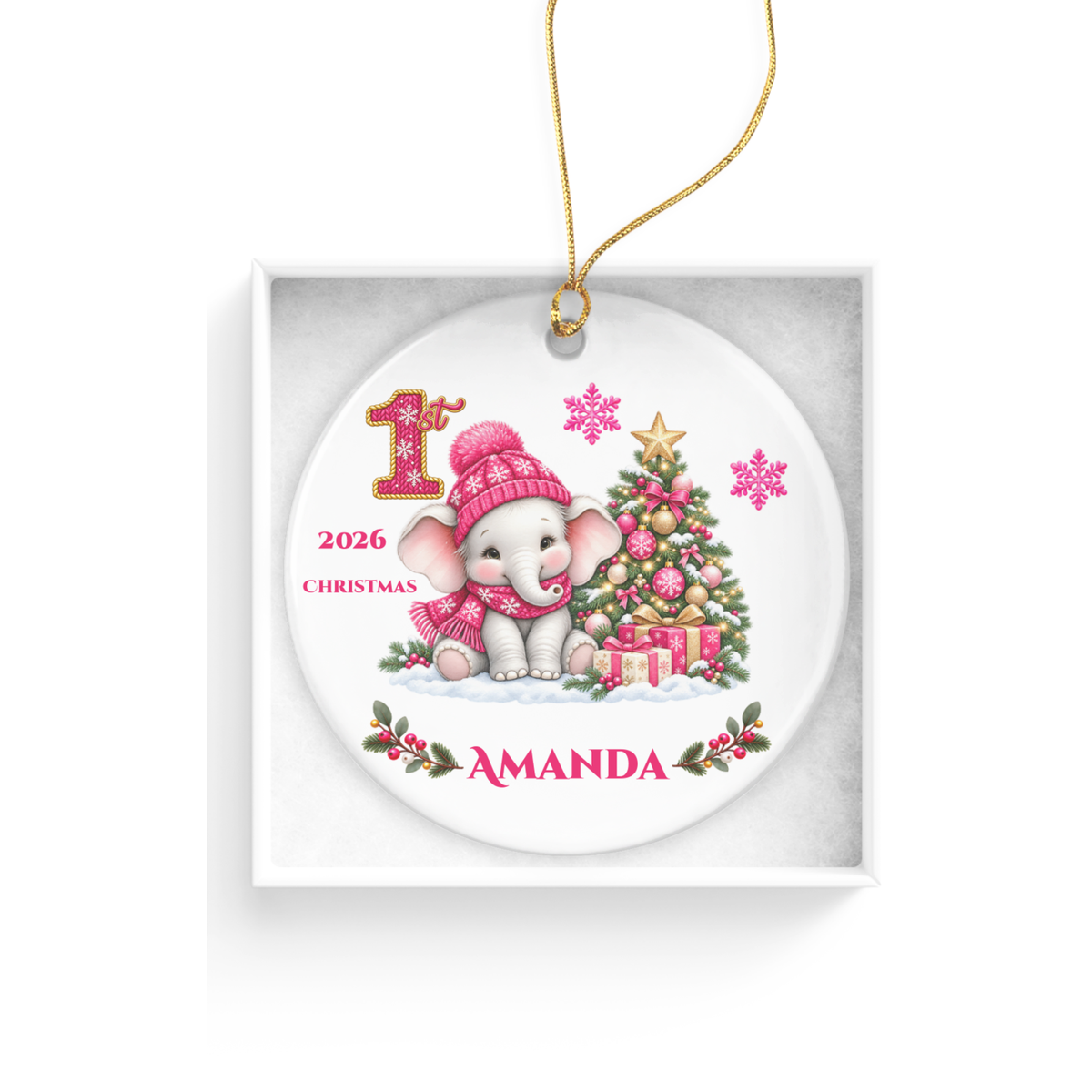 Elephant Baby Personalized Christmas Ornament Pink, Baby's 1st 2nd 3rd Christmas, Custom Name Year Ceramic Keepsake, Girl Gift
