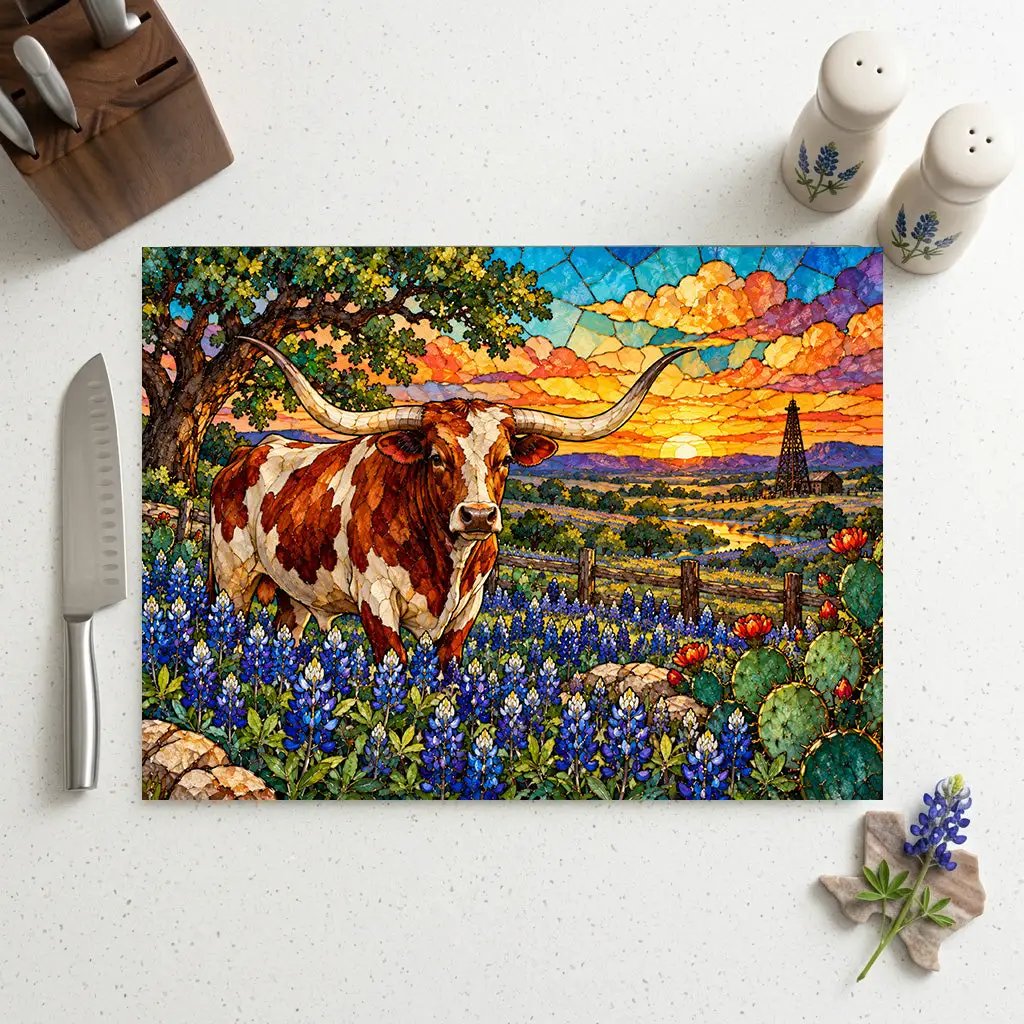 Texas Longhorn Glass Cutting Board, Bluebonnet Kitchen Decor, Texas Cow Gift, Western Kitchen Decor, Texas Housewarming Gift