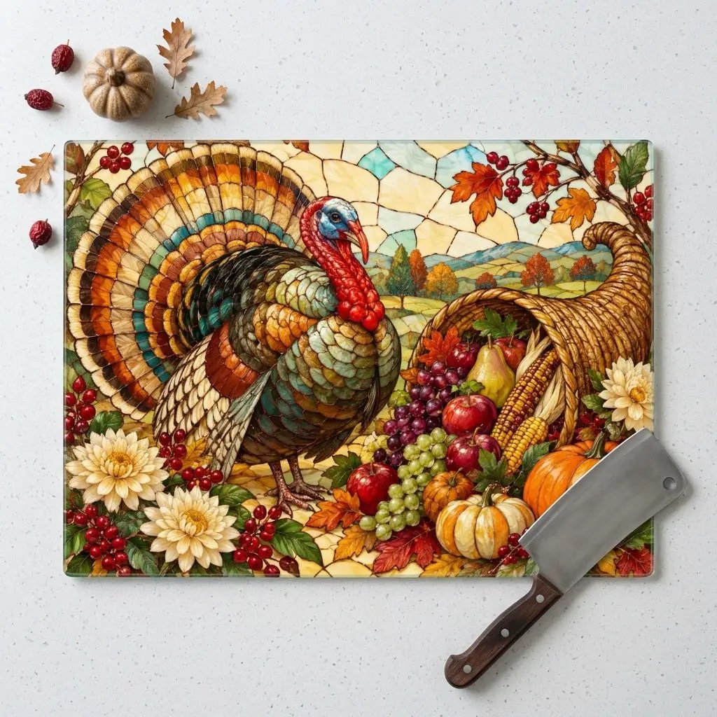 Thanksgiving Turkey Glass Cutting Board, Stained Glass Harvest Kitchen Decor, Fall Turkey Chopping Board, Country Thanksgiving Gift