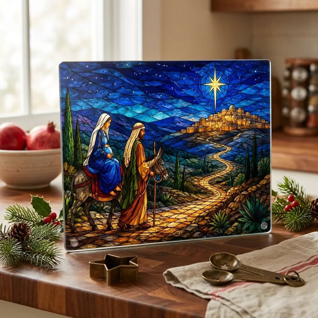 Road to Bethlehem Glass Cutting Board, Christian Christmas Gift, Mary and Joseph Nativity Decor, Religious Christmas Kitchen Decor