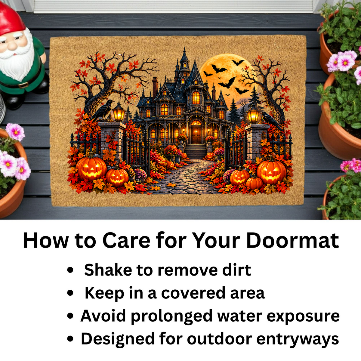 Spooky Mansion Doormat, Haunted House Halloween Welcome Mat, Raven & Pumpkin Coir Doormat, Gothic Fall Porch Decor, Halloween Door Mat