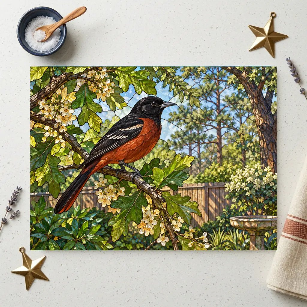 Orchard Oriole Glass Cutting Board, Backyard Bird Kitchen Decor, Oriole Bird Lover Gift, Nature Serving Board, Birdwatcher Gift