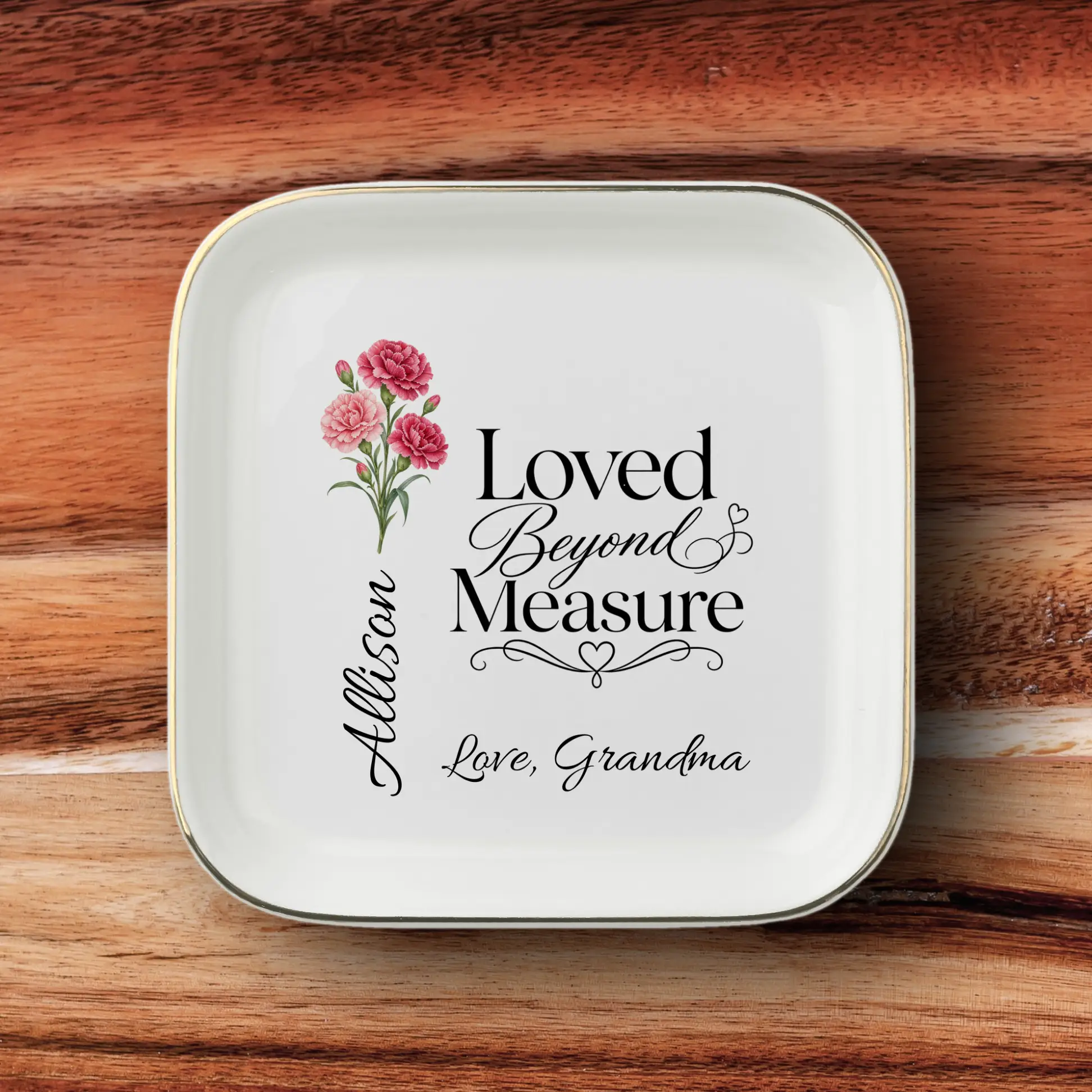 Personalized Birth Flower Jewelry Dish, Custom Name Ring Dish, Loved Beyond Measure Keepsake, Birthday Gift for Daughter, Granddaughter