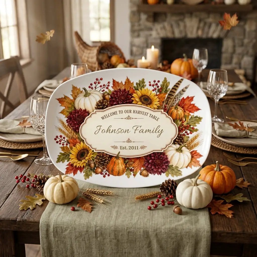 Personalized Thanksgiving Platter, Custom Family Name Harvest Serving Platter, Woodland Fall Decor, Pumpkin Sunflower Hostess Gift, 10x14