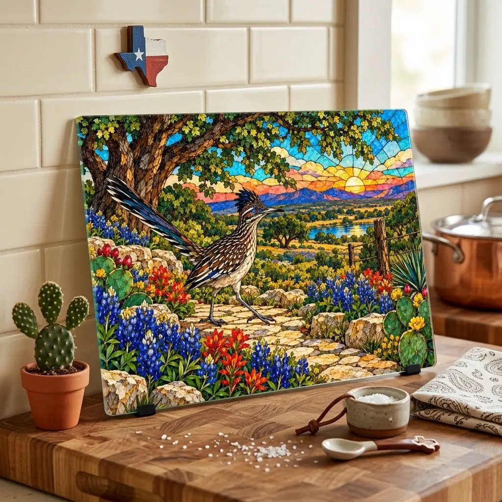 Texas Roadrunner Glass Cutting Board, Bluebonnet Kitchen Decor, Hill Country Wildlife Art, Southwestern Bird Gift, Texas Housewarming