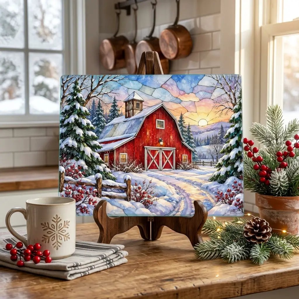 Winter Country Barn Glass Cutting Board, Red Barn Farmhouse Kitchen Decor, Snowy Rustic Country Christmas Gift