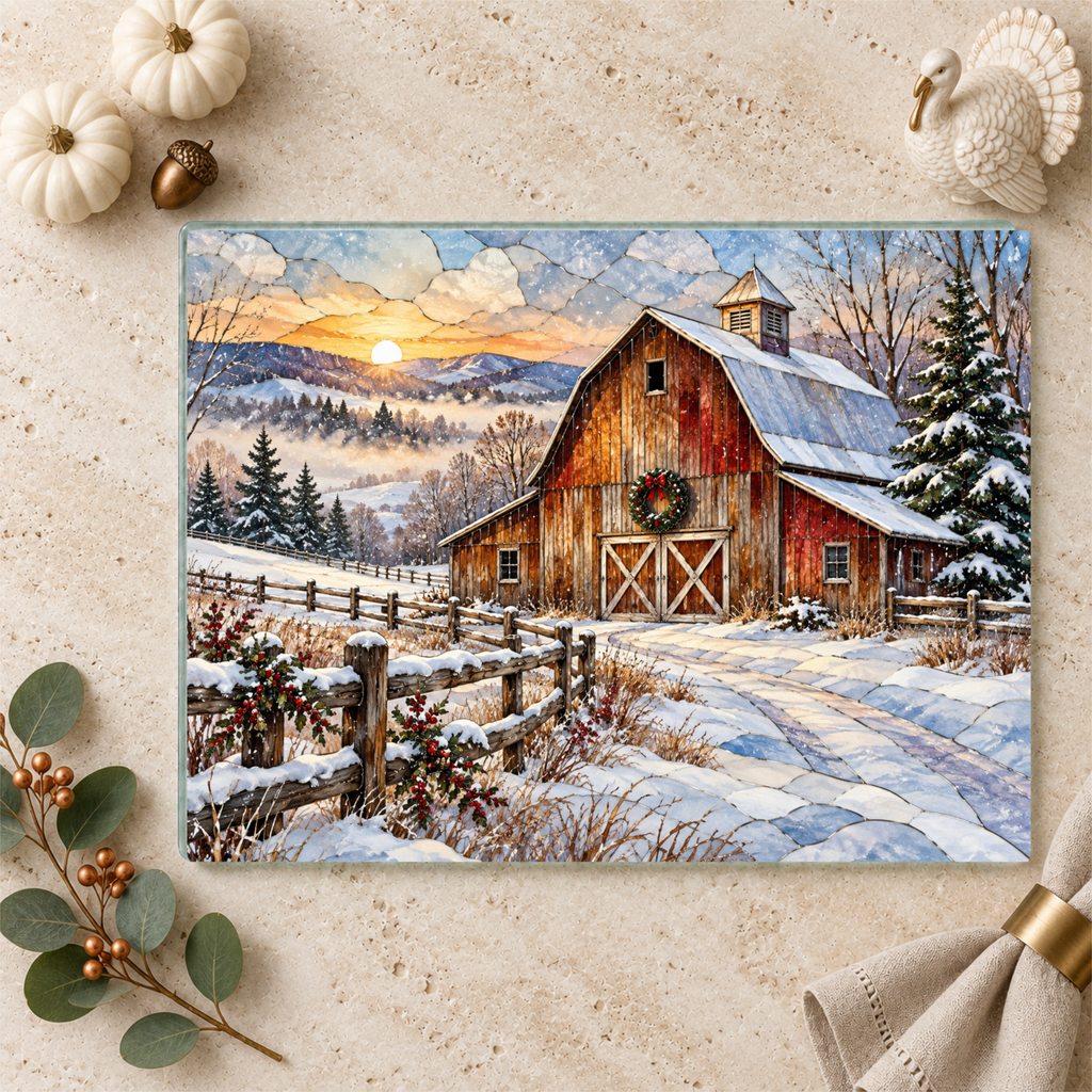 Personalized Winter Barn Cutting Board, Country Farmhouse Kitchen Decor, Stained Glass Farm Scene, Rustic Christmas Gift, Custom Family Gift