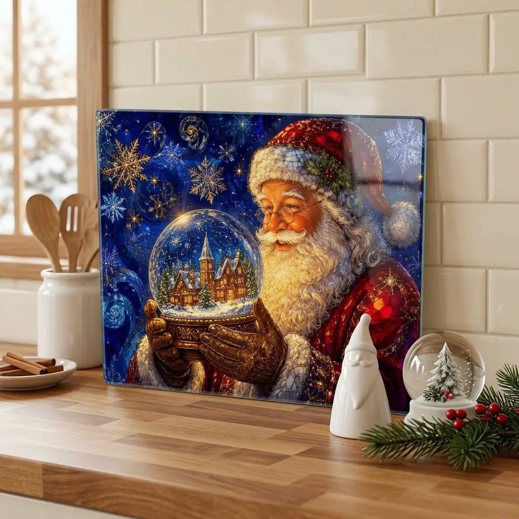 Santa Snow Globe Glass Cutting Board, Stained Glass Christmas Decor, Santa Claus Kitchen Gift, Holiday Serving Board, Christmas Gift