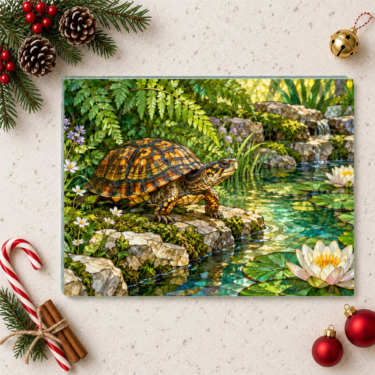 Box Turtle Glass Cutting Board, Pond Nature Kitchen Decor, Reptile Lover Gift, Wildlife Chopping Board, Decorative Tempered Glass Board