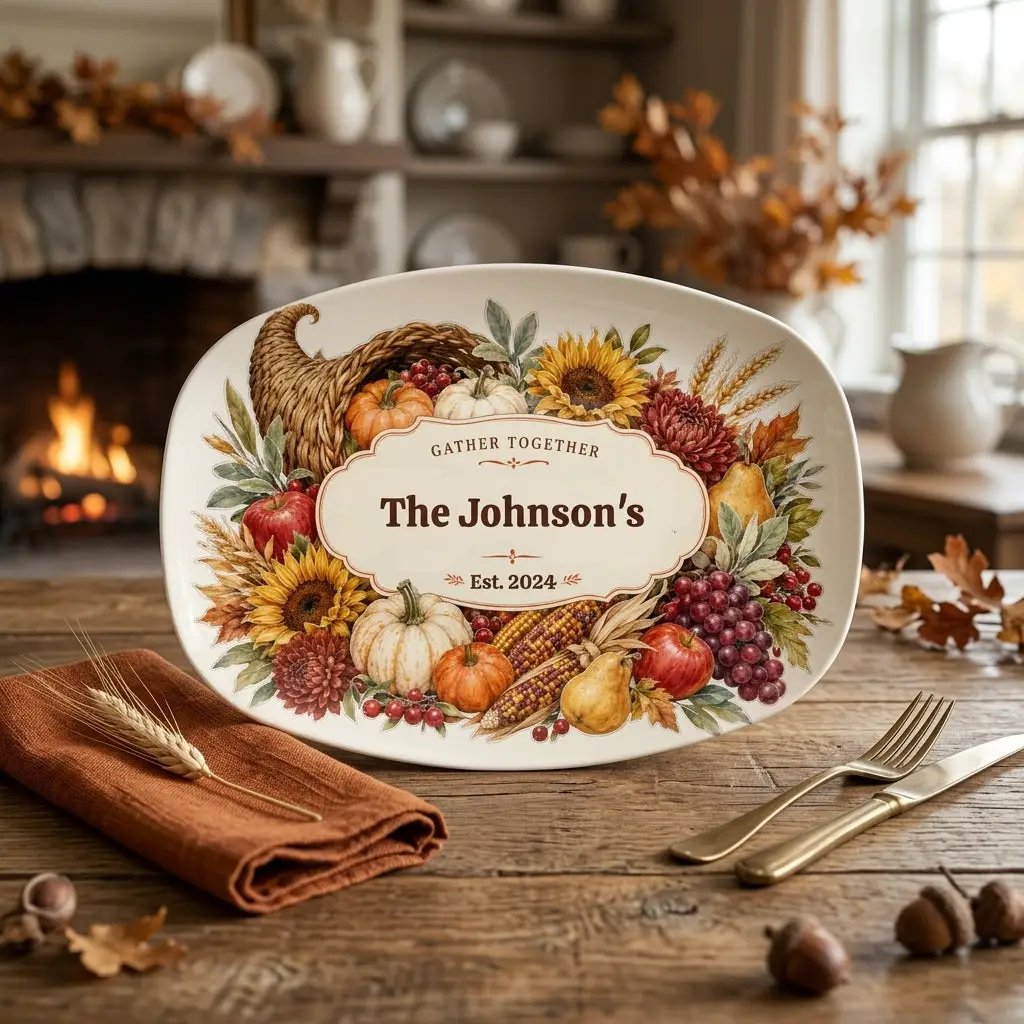 Personalized Fall Platter, Custom Family Name Serving Platter, Harvest Thanksgiving Tray, Autumn Hostess Gift, Housewarming Gift