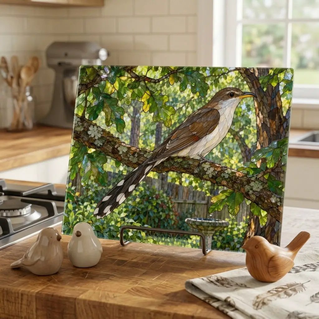 Yellow Billed Cuckoo Glass Cutting Board, Backyard Bird Kitchen Decor, Birdwatcher Gift, Bird Lover Gift, Woodland Serving Board