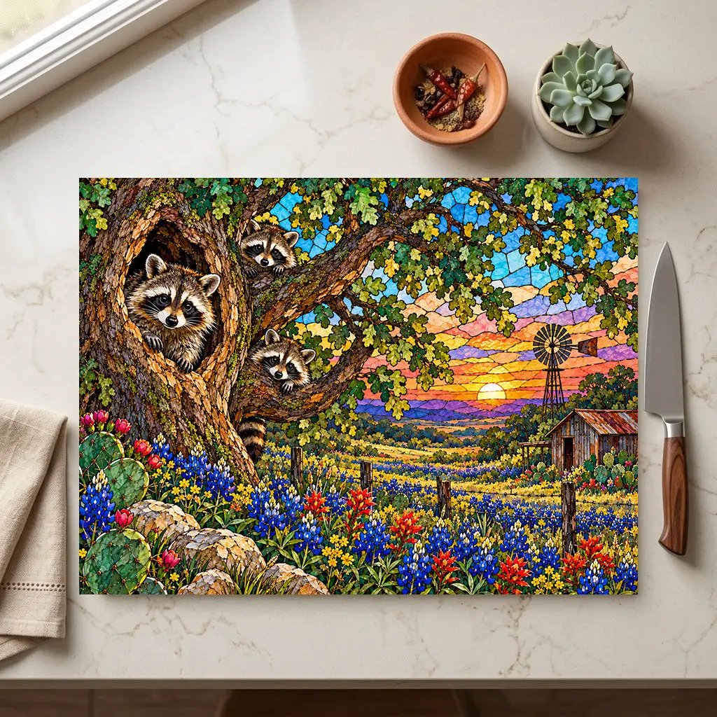 Raccoon Family Glass Cutting Board, Raccoon Lover Gift, Texas Bluebonnet Kitchen Decor, Country Wildlife Cutting Board, Rustic Farmhouse Gift