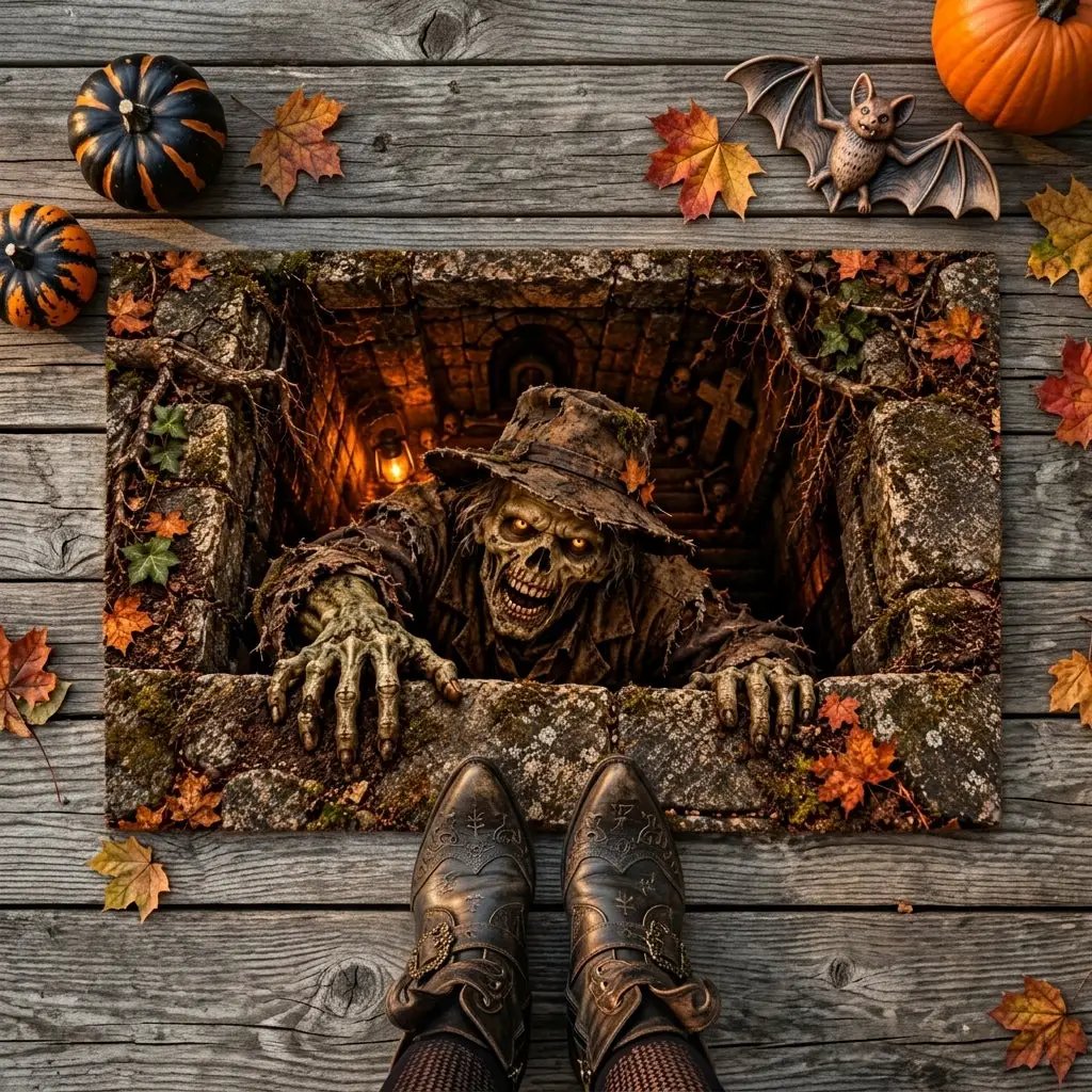 Undead Groundskeeper Halloween Doormat, 3D Zombie Optical Illusion Mat, Creepy Graveyard Door Mat, Haunted Crypt Halloween Decor