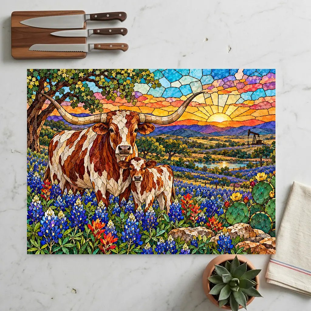 Texas Longhorn Glass Cutting Board, Cow and Calf Bluebonnet Kitchen Decor, Western Ranch Gift, Texas Kitchen Decor, Stained Glass Style