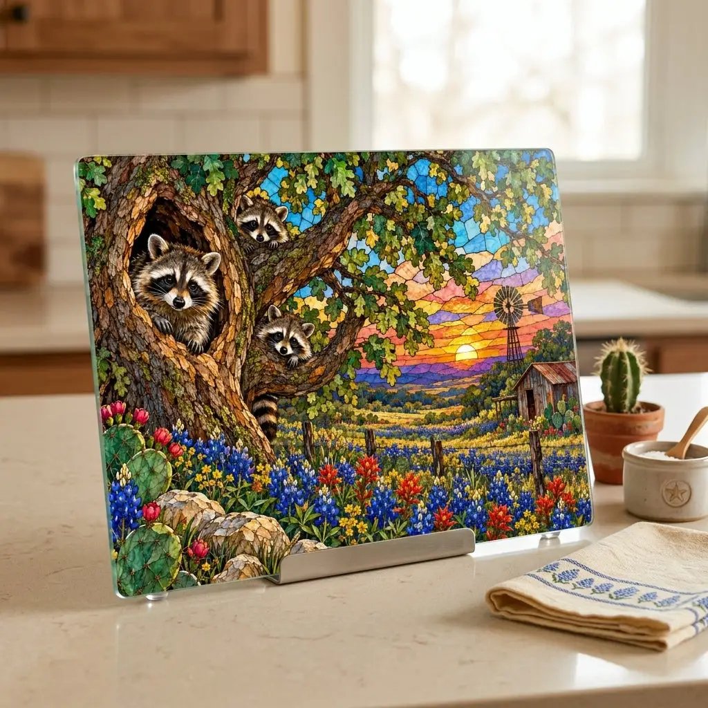 Raccoon Family Glass Cutting Board, Raccoon Lover Gift, Texas Bluebonnet Kitchen Decor, Country Wildlife Cutting Board, Rustic Farmhouse Gift
