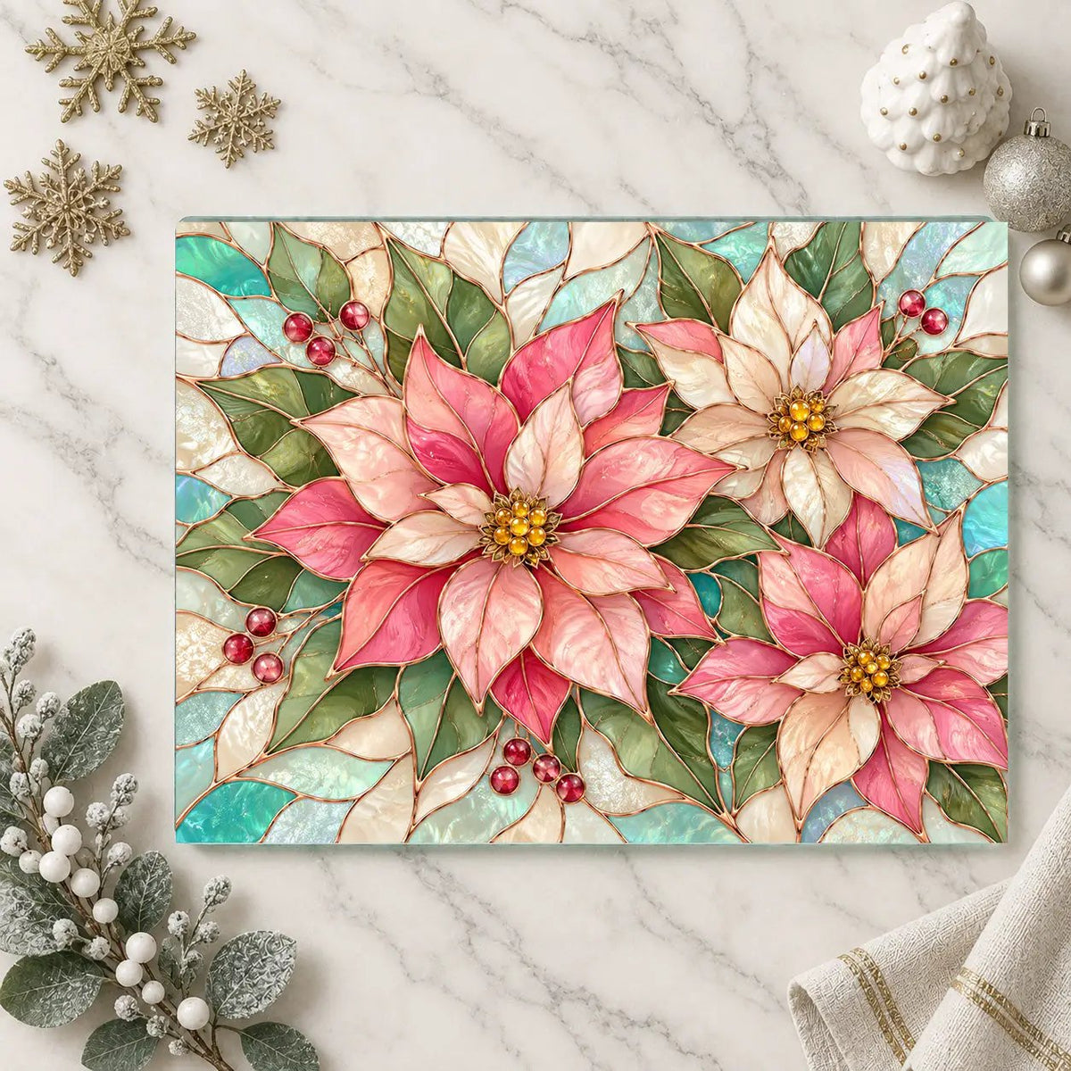 Pink Poinsettia Glass Cutting Board, Christmas Floral Kitchen Decor, Tempered Chopping Board, Holiday Hostess Gift, Serving Board for Home
