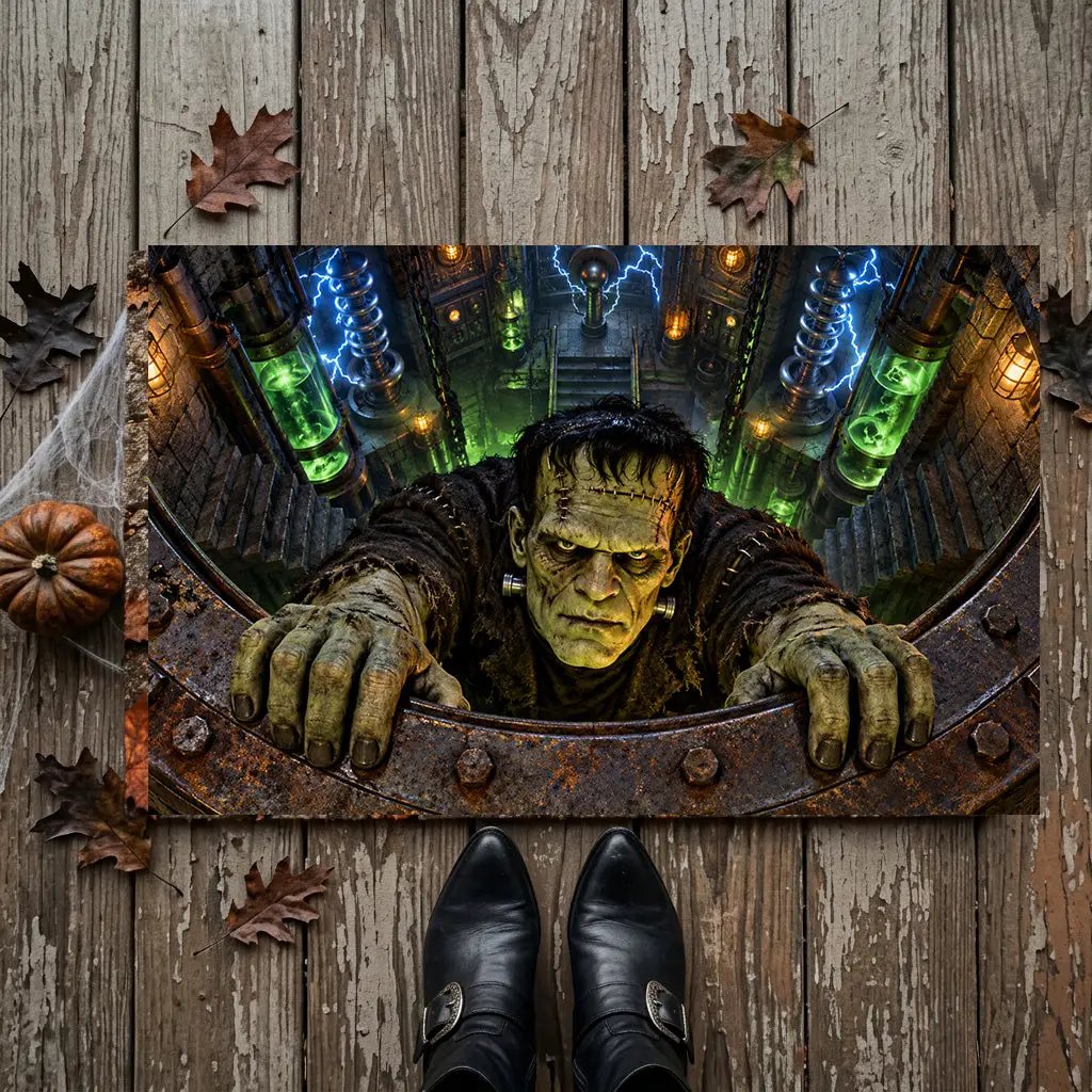 Frankenstein 3D Illusion Doormat, Mad Scientist Laboratory Halloween Door Mat, Monster Welcome Mat, Spooky Halloween Porch Decor