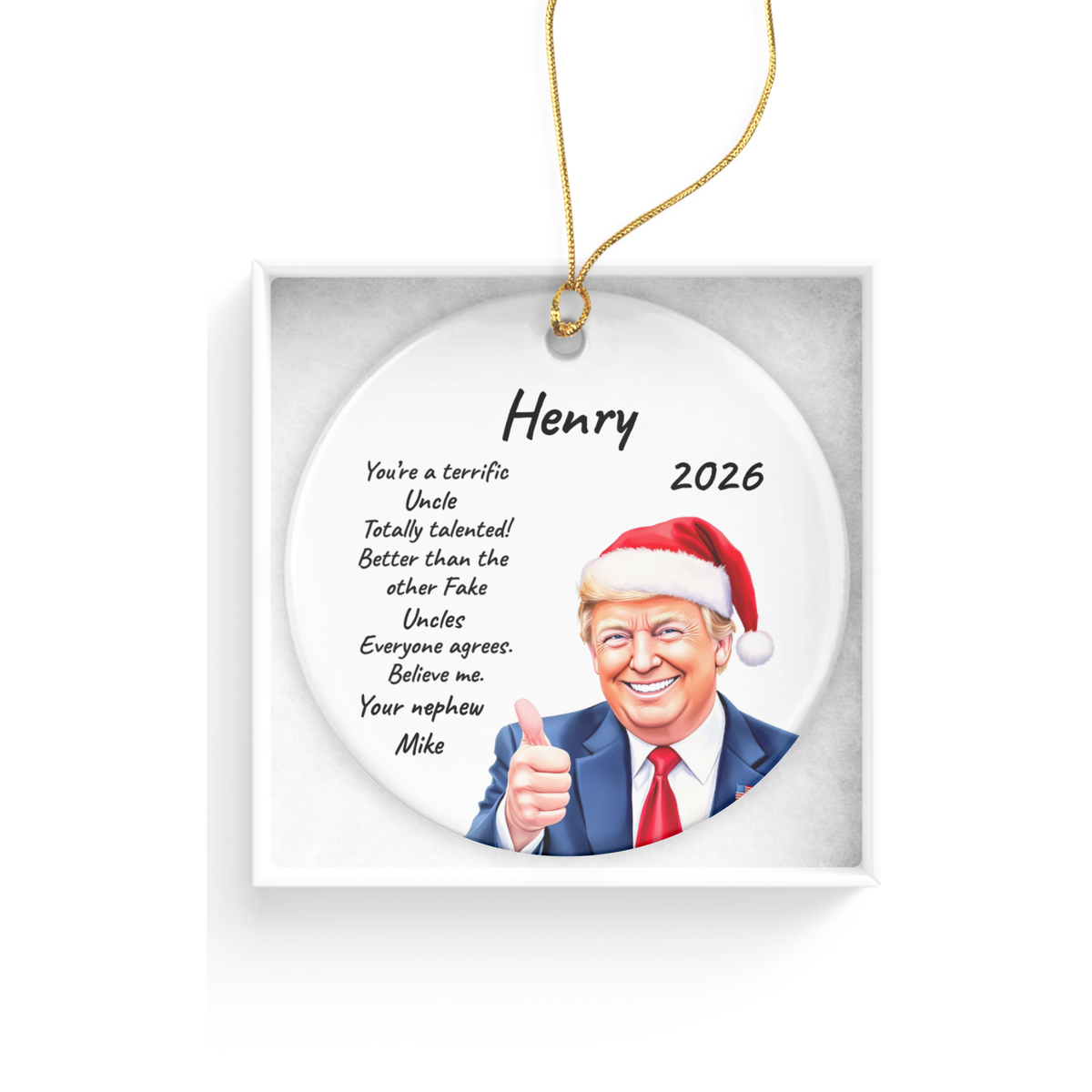 Personalized Trump Christmas Ornament, Funny Santa Hat Trump Gift, Custom Name Year and Relationship, 3 Inch Ceramic Holiday Keepsake
