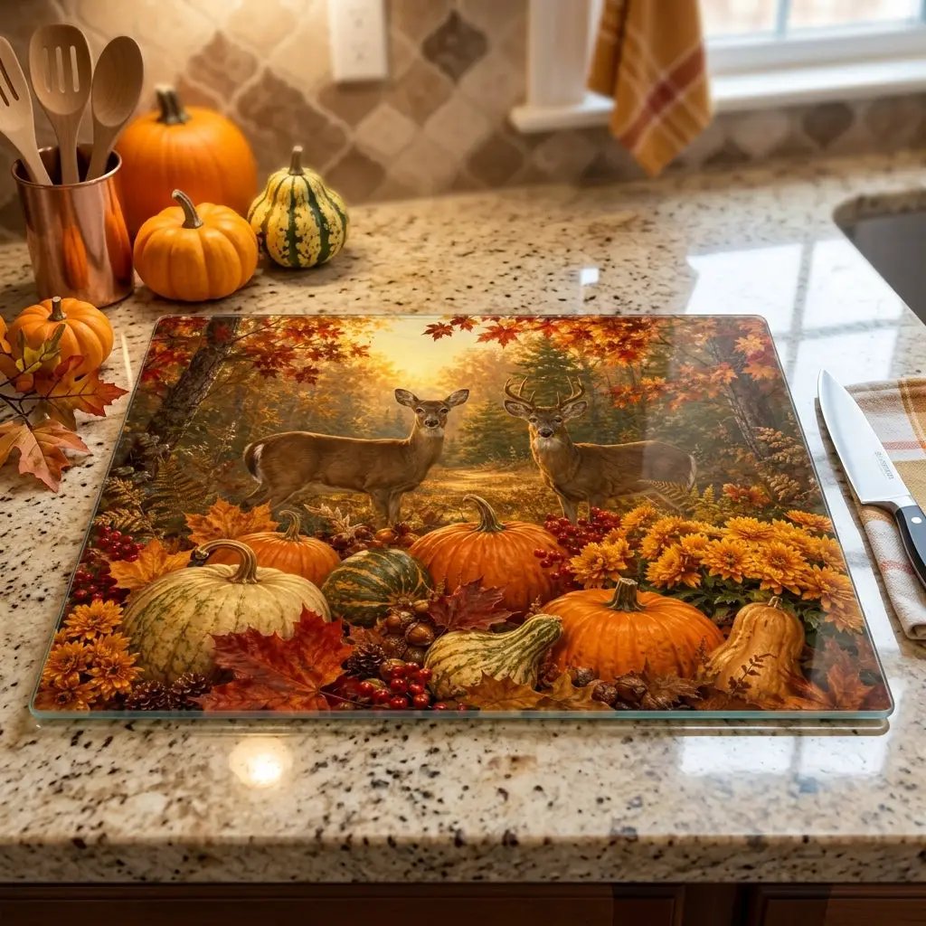 Deer Fall Glass Cutting Board, Rustic Woodland Kitchen Decor, Autumn Pumpkin Cutting Board, Hunter Cabin Gift