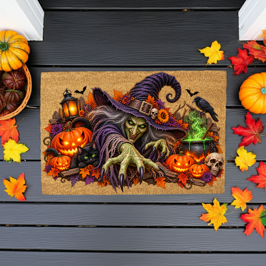 Horror Witch Doormat, Scary Halloween Coir Mat, Creepy Witch & Black Cat Welcome Mat, Pumpkin Porch Decor, Haunted House Door Mat