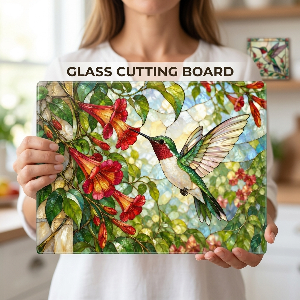 Hummingbird Cutting Board, Stained Glass Hummingbird Decor, Trumpet Vine Kitchen Decor, Bird Lover Gift, Garden Lover Gift
