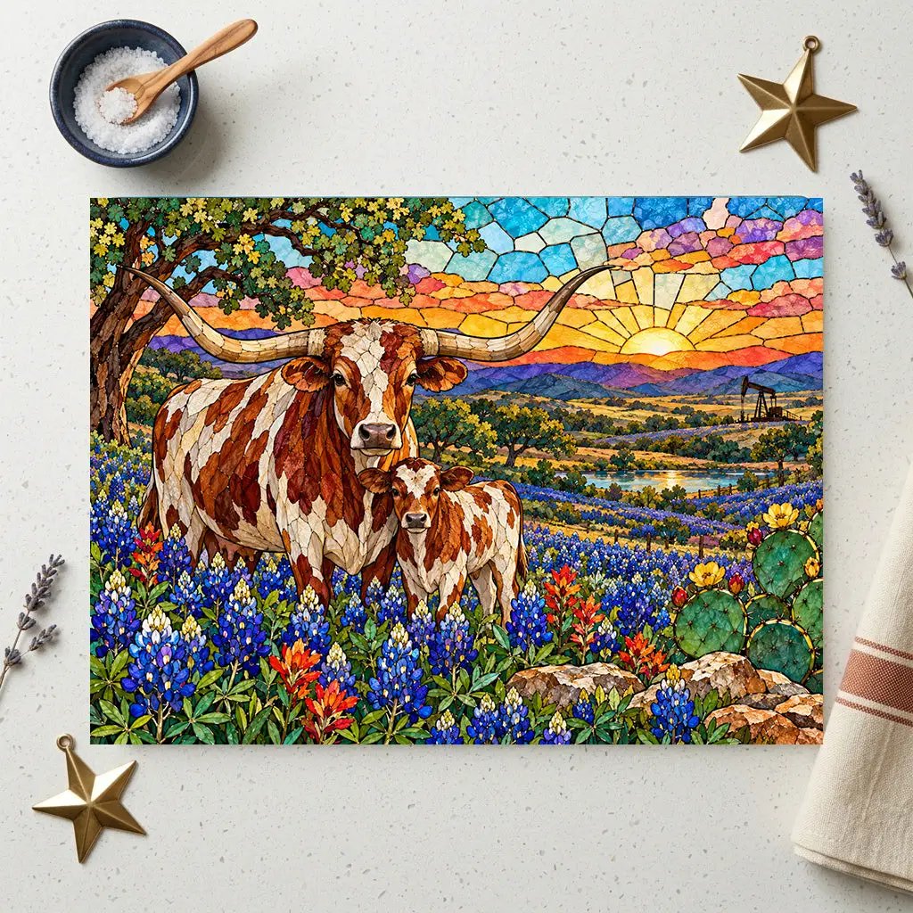 Texas Longhorn Glass Cutting Board, Cow and Calf Bluebonnet Kitchen Decor, Western Ranch Gift, Texas Kitchen Decor, Stained Glass Style