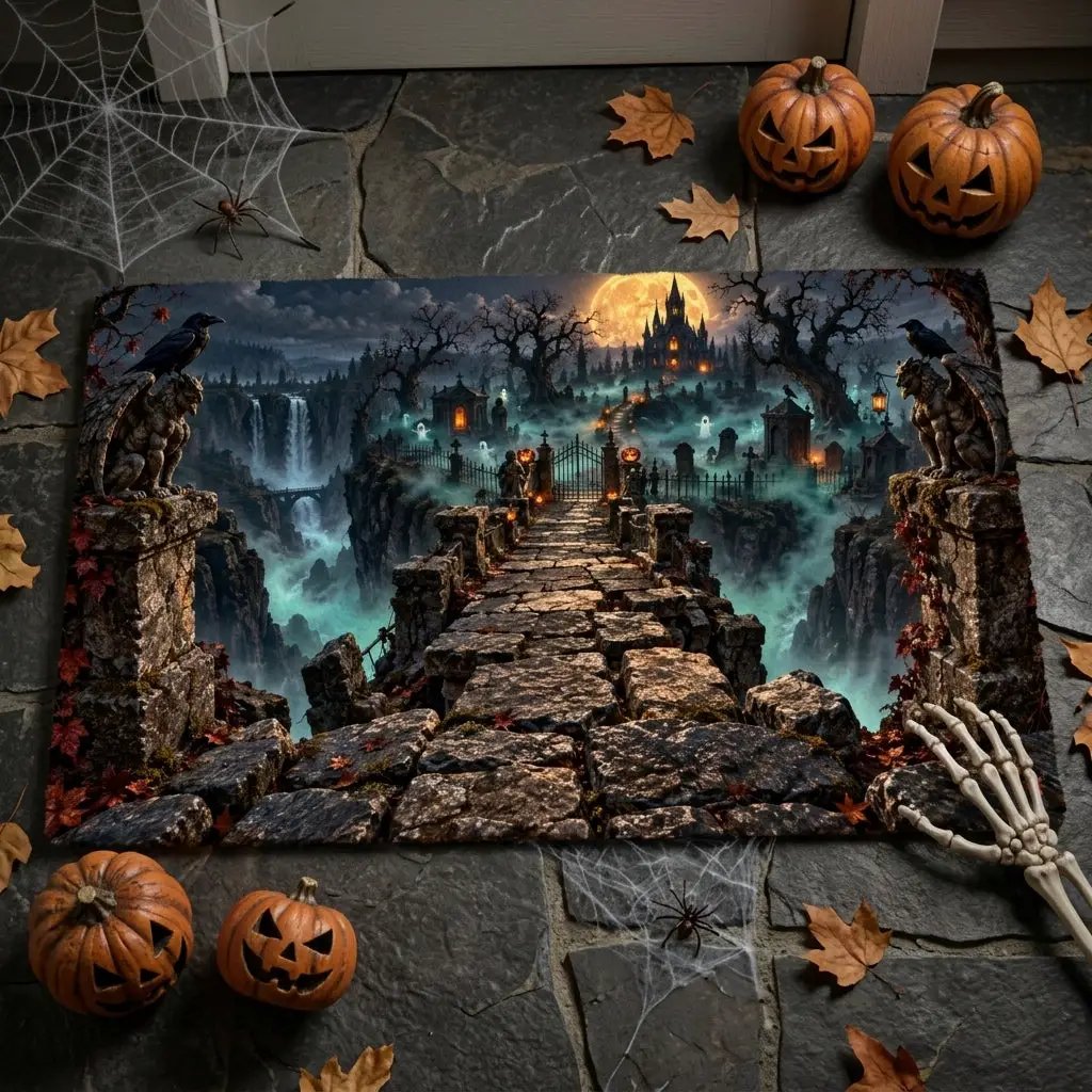 Haunted Graveyard 3D Doormat, Spooky Halloween Door Mat, Gothic Cemetery Welcome Mat, Haunted Castle Halloween Porch Decor