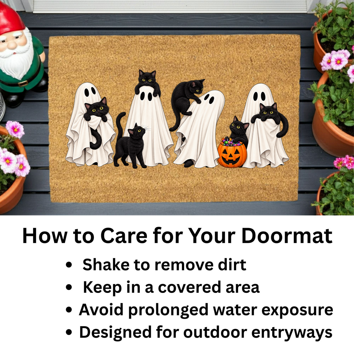 Halloween Black Cat Doormat, Cute Ghost Welcome Mat, Funny Cat Halloween Decor, Spooky Fall Porch Decor, Cat Lover Gift, Coir Door Mat
